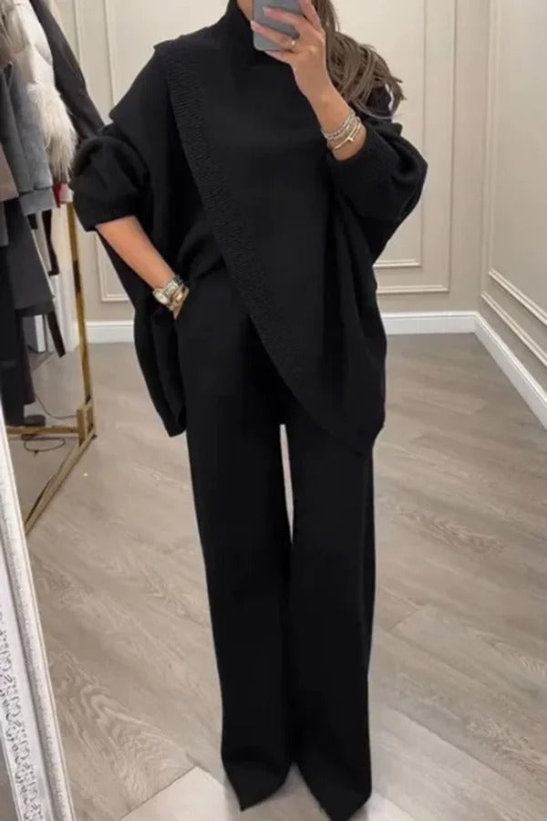 Solid Color Loose-fitting Turtleneck Knit Top and Elastic Waist Casual Pocket Straight Leg Pants