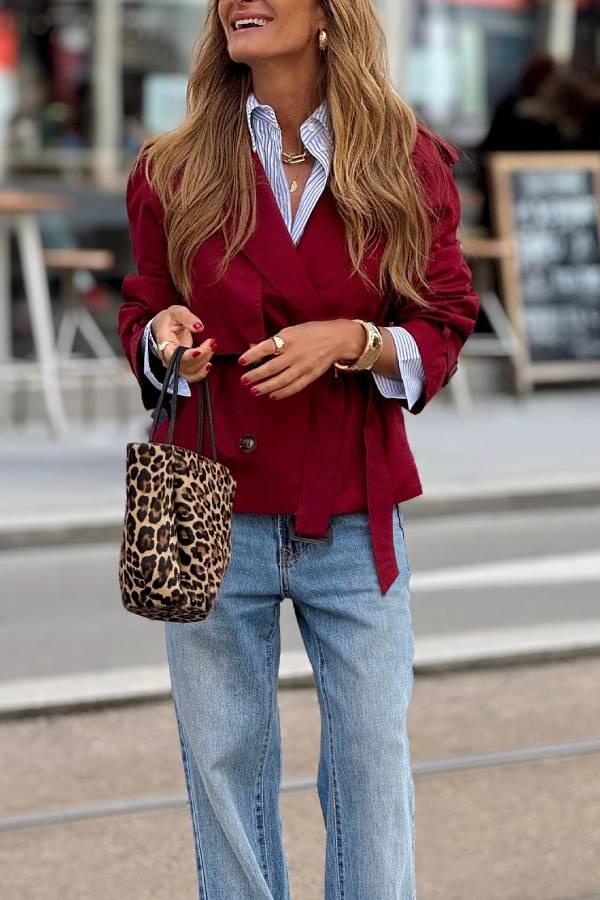 Burgundy Short Belt Trench Coat
