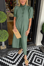 Women's Solid Puff Sleeve Button-Up Shirt Dress