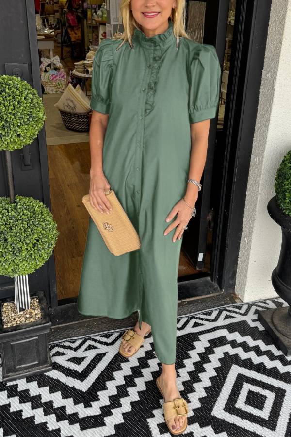 Women's Solid Puff Sleeve Button-Up Shirt Dress