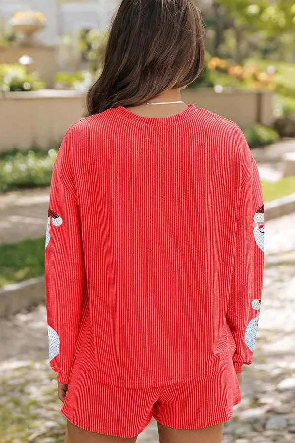 Christmas Sequined Loose Long-sleeved Top and Elastic Waist Casual Shorts Set