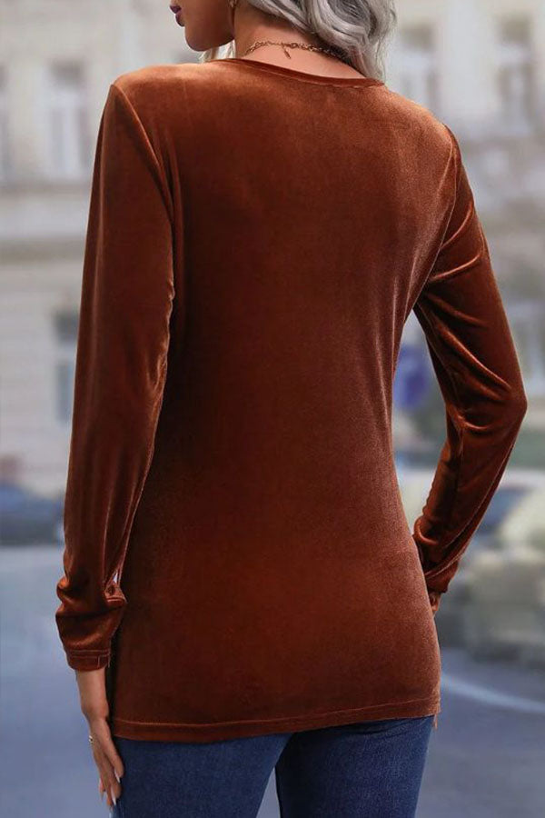 Gold velvet twist stretch crew neck long-sleeved top
