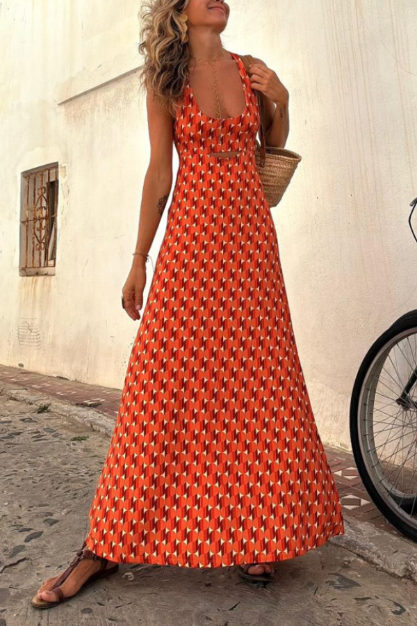 Orange Short Sleeve Regular Print Long Suspender Dress
