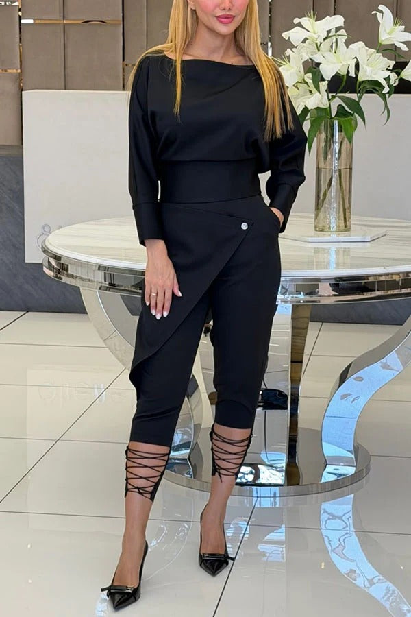 Wide Neck Long Sleeve Fitted Top and Elastic Waist Wrap Pocketed Lace-up Crop Pants Set
