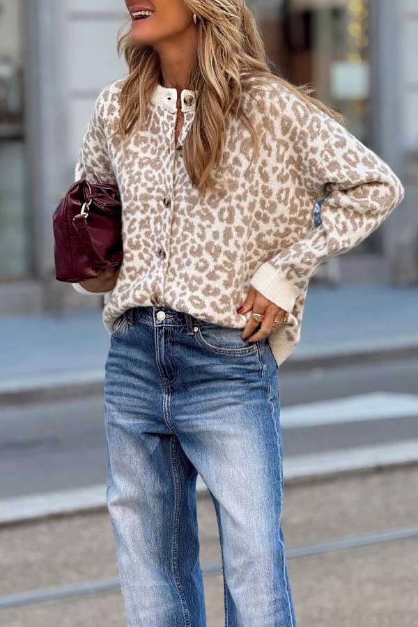 Soft Brown Leopard Print Loose Knit Cardigan