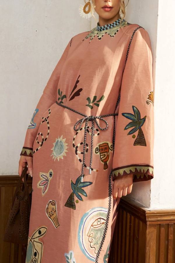 Graffiti Print Linen Robe Dress