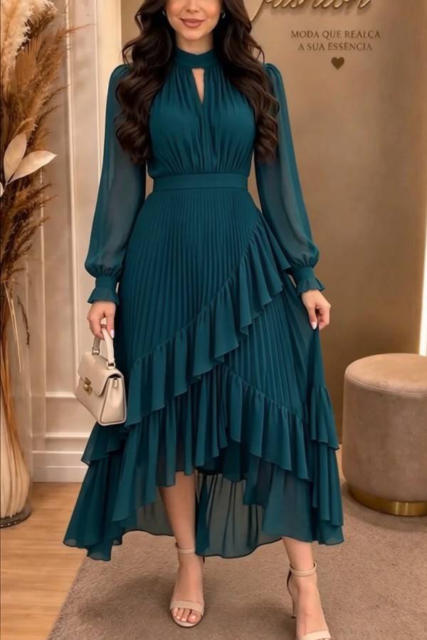 Dylin Pleated Chiffon Cutout Neck Long Balloon Sleeve Tiered Ruffles Maxi Dress