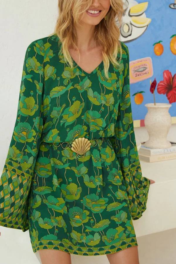 V-neck Bell Sleeve Green Floral Print Dress