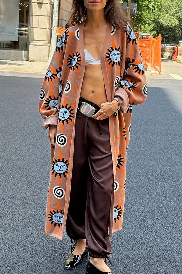 Mediterranean Art Knit Unique Sun Vortex Print Bell Sleeve Long Cardigan