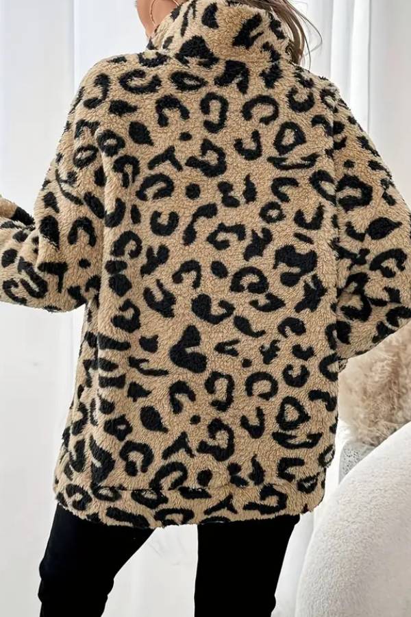 Leopard print plush half-zip stand collar top