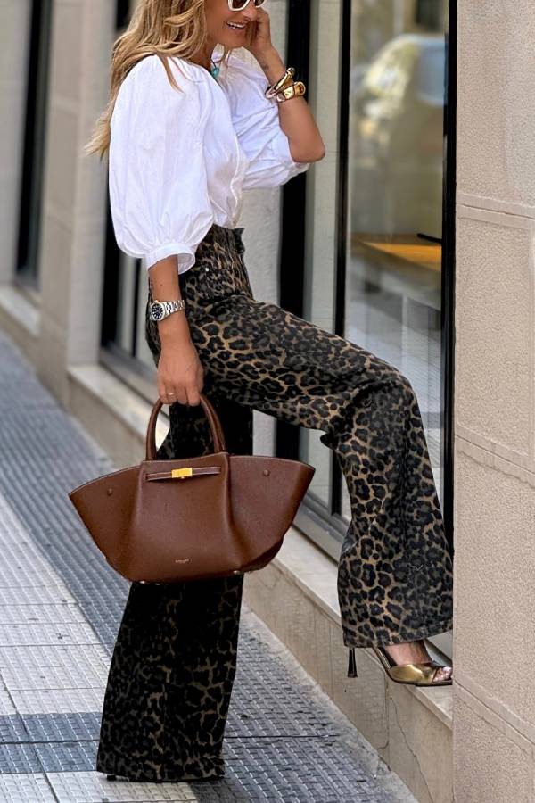 Wild denim leopard print high waist wide leg pocket pants