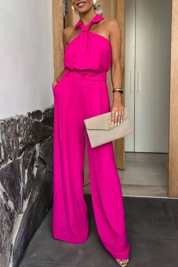 Collared Halter Backless High‑Waist Wide‑Leg Jumpsuit
