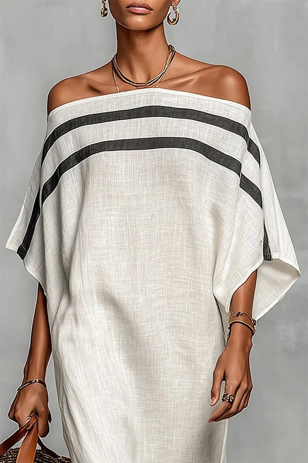 Bella Linen Blend Striped Print Off Shoulder Half Wide Sleeve Loose Maxi Dress