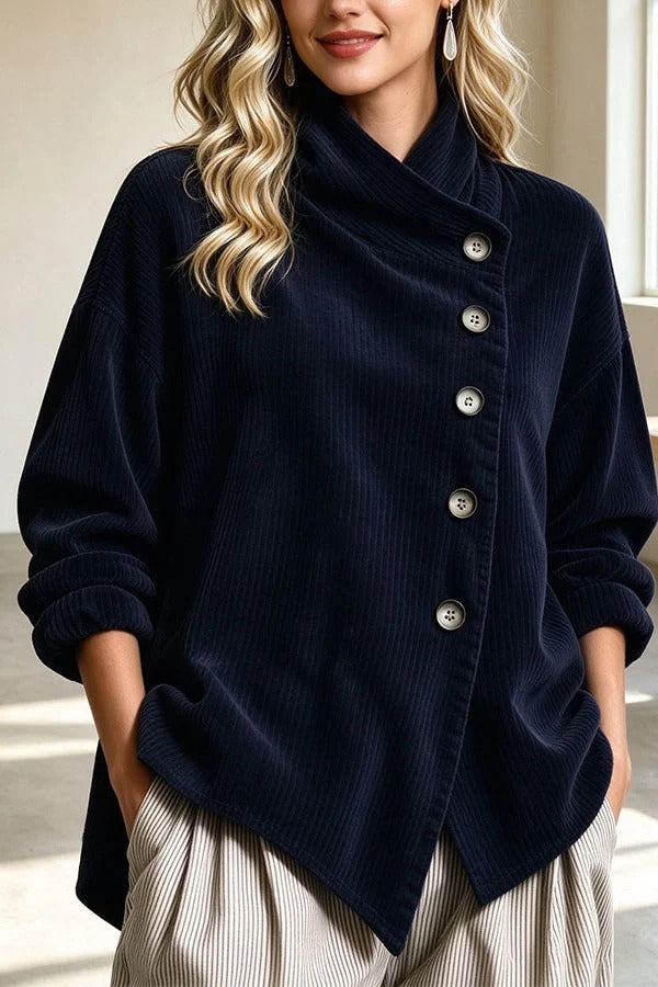 Chic Slanted Button High-Neck Corduroy Outerwear
