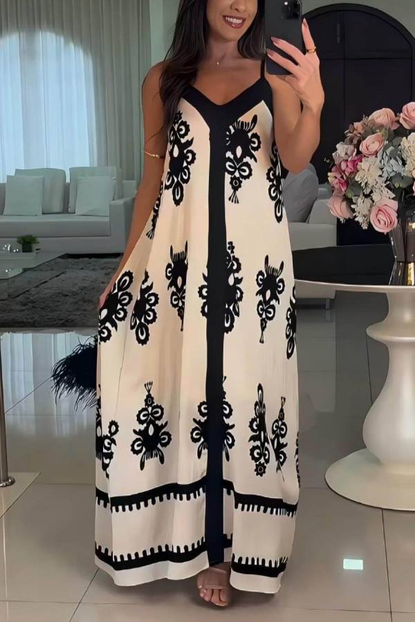 Elegant Ethnic Pattern Print Patchwork Loose Maxi Dress