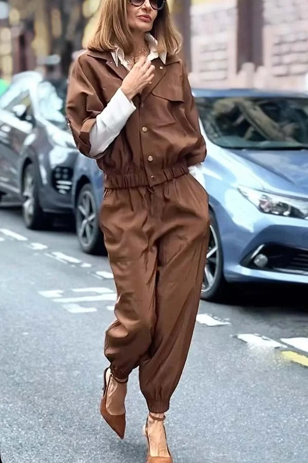 Street Charm Glossy Fabric Button Pocket Cargo Jacket and Elastic Waist Jogger Pants Set
