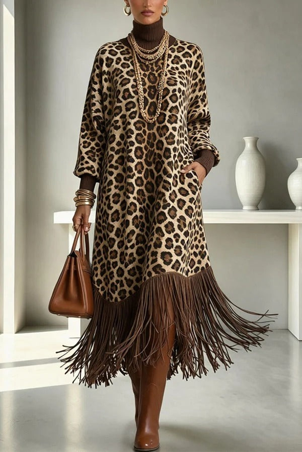 Autumn Ribbed High Neck Leopard Print Long Sleeve Pocket Faux Suede Tassel Midi Dress