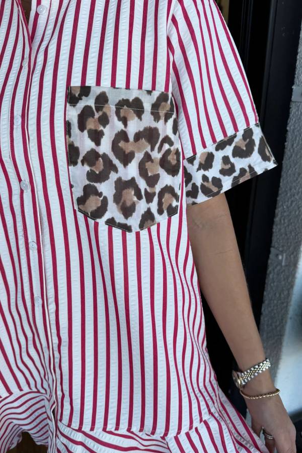 Women's Striped Animal Print Contrast Button Down Dress