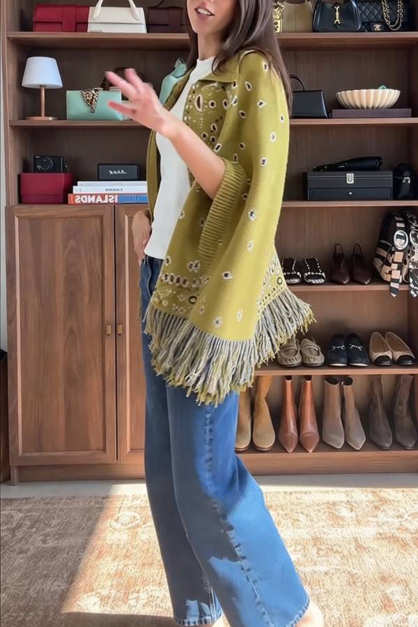 Lennie Bandana Knit Printed Open-Sleeve Pocket Fringe Lapel Zipper Poncho Sweater