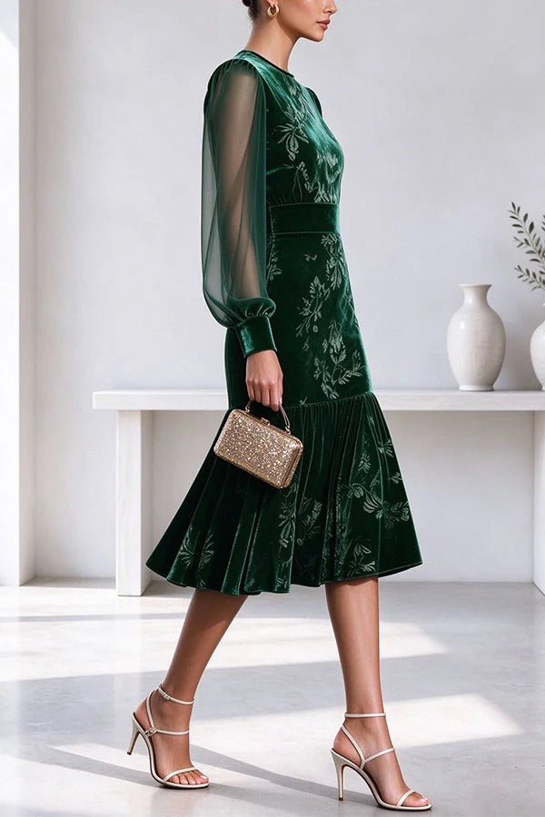 Velvet Sheer Sleeve Floral Dress