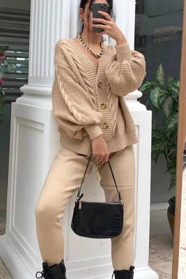 Fashion Solid Color V-neck Knit Set
