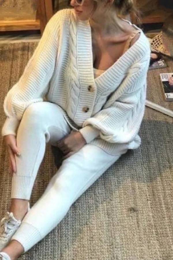 Fashion Solid Color V-neck Knit Set