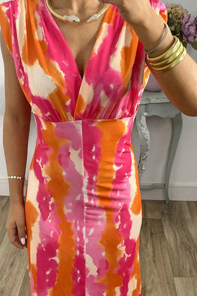 Abstract V-neck color block print slim dress