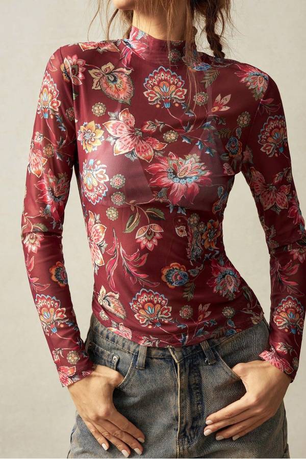 Vintage Floral Mesh Mock Neck Top
