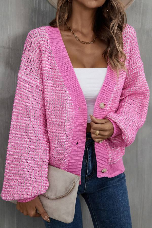 Women Pink Mixed Color Hollow Knit Cardigan Loose Lantern Sleeve Short Sweater Coat