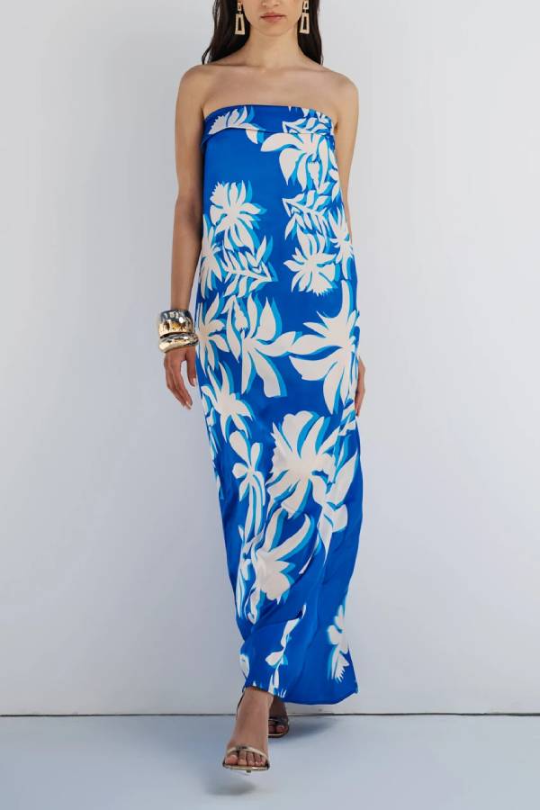 Fashion Vacation Satin Unique Print Off Shoulder Maxi Dress