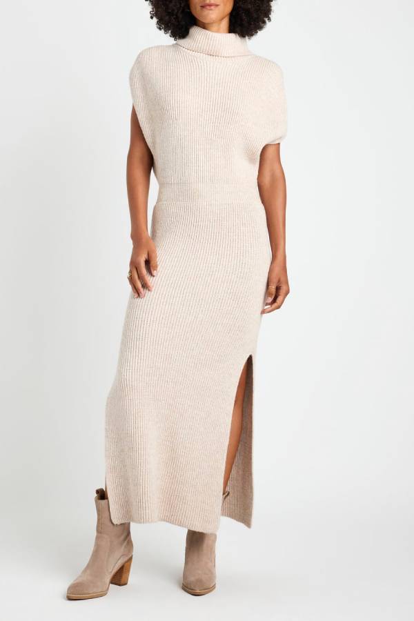 Book Club Knit Turtleneck Cap Sleeve Slit Sweater Midi Dress