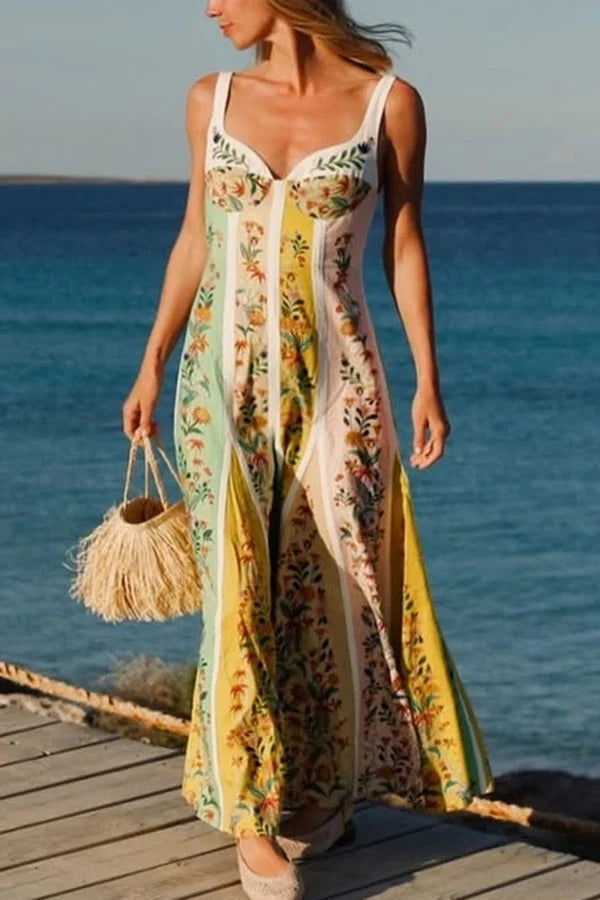 Sweet Garden Linen Blend Color Block Floral Paneled Maxi Dress