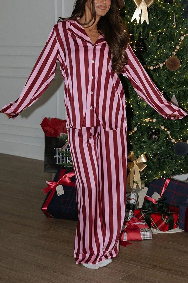 Courtney Satin Colorblock Striped Loose Shirt and Elastic Waist Pocketed Pajama Set