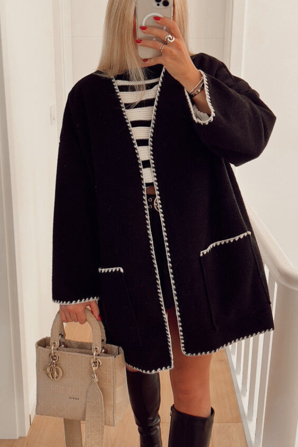 Solid Color Piping Woolen Coat
