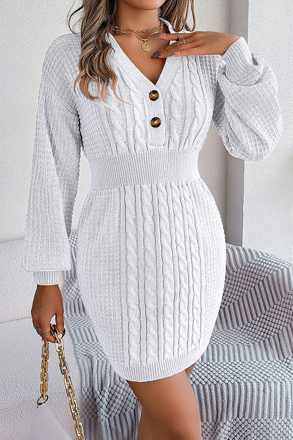 Buttoned V-neck twist lantern sleeves hip-hugging sweater dress