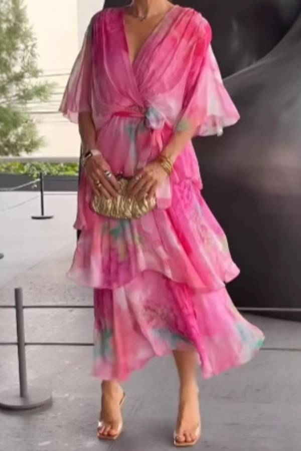 Watercolor Tie Dye Wrap V Neck Tiered Ruffle Chiffon Midi Dress