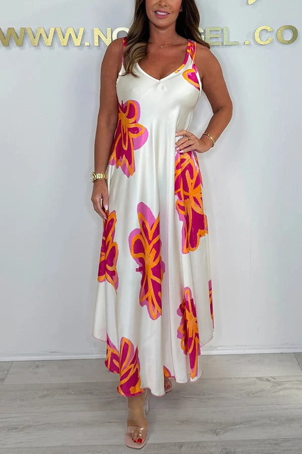 Satin Unique Print V-neck Suspender Midi Dress