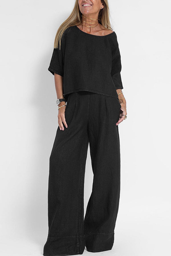 Linen Blend Solid Color Casual Round Neck Top and Loose Wide-leg Pants Set