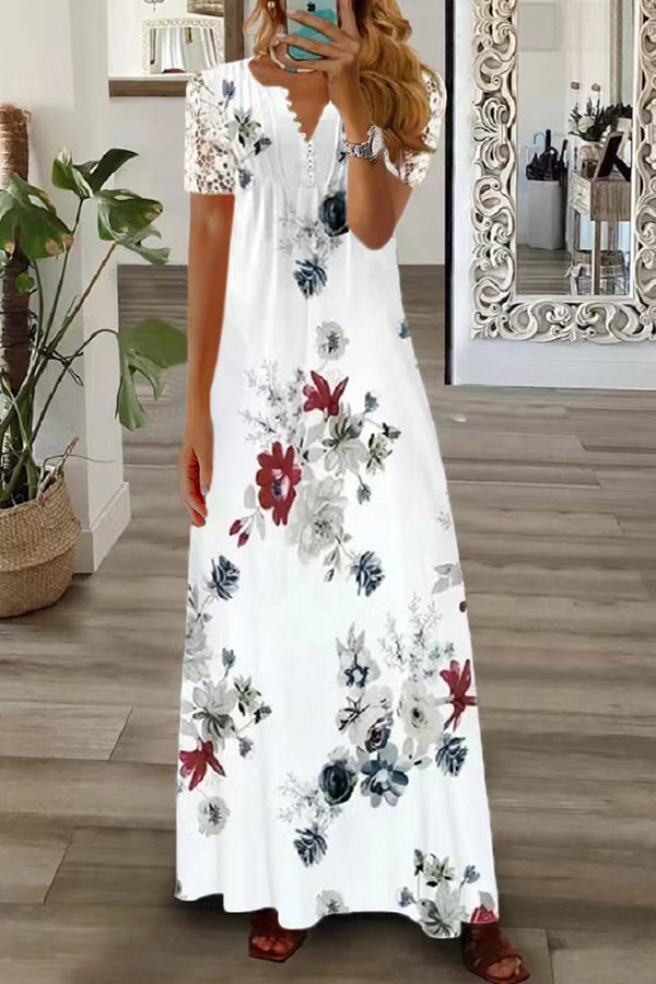 Boho Floral V Neck Button Lace Sleeve Holiday Beach Maxi Dress