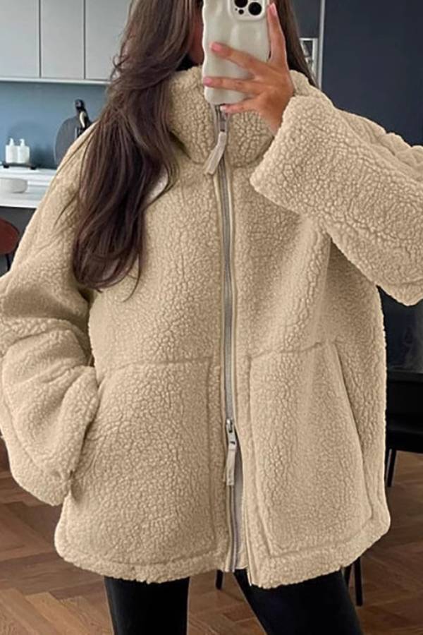 Stand-up collar zip-up lamb wool oversized coat