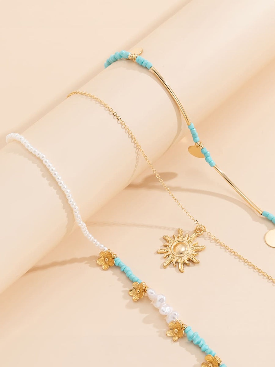 3pcs Sun & Floral Faux Pearl Beaded Necklace