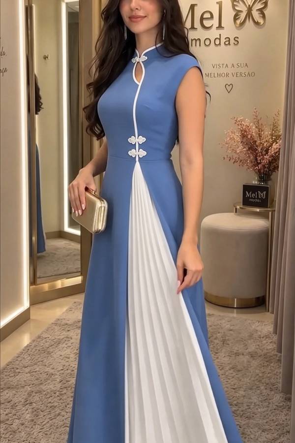 Chic Unique Contrast Color Stand Neck Chinese-style Button Pleated Hem Maxi Dress