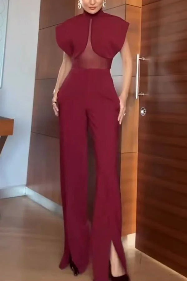 Vita Mesh Patchwork High Neck Wide Sleeve Bodysuit and High Rise Pocket Slit Pants Set