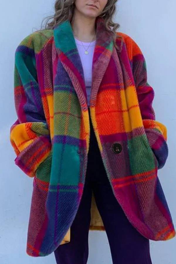 Color Plaid Faux Fur Loose Coat