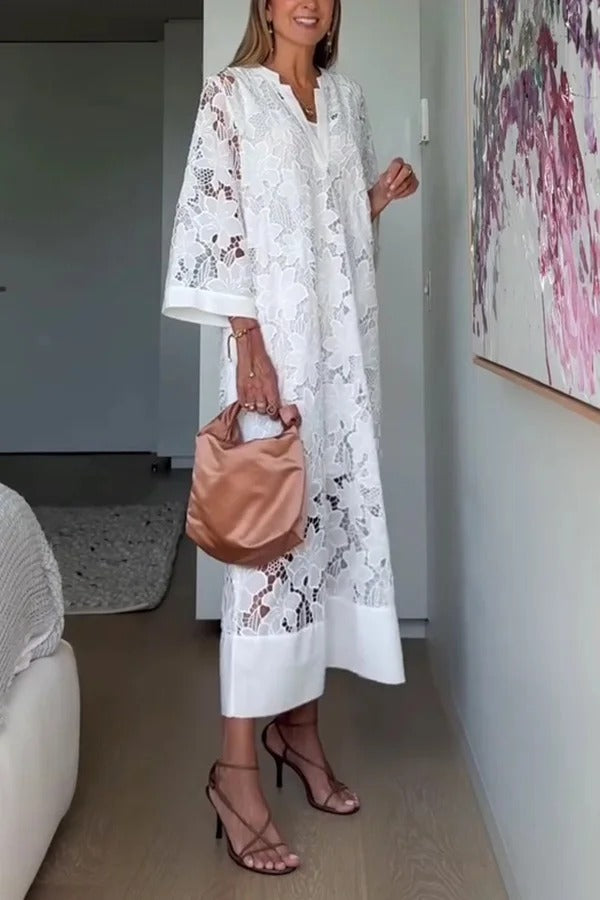 Confidence and Adventure Flower Lace V-neck Bell Sleeve Loose Midi Dress
