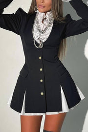 Altair Contrast Ruffled Shirt Patchwork Button Pleated Blazer Mini Dress