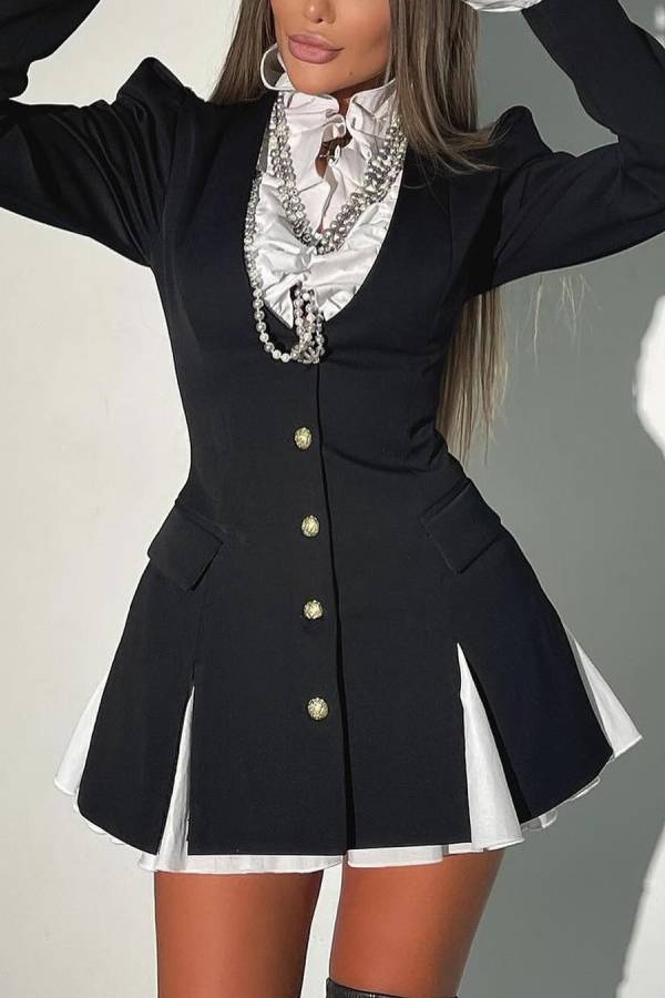 Altair Contrast Ruffled Shirt Patchwork Button Pleated Blazer Mini Dress