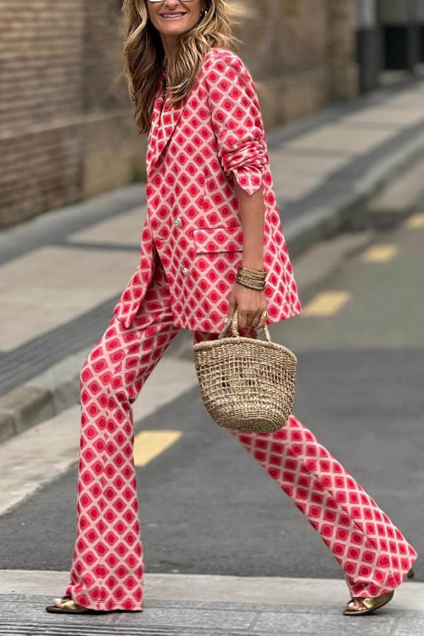 Chic Lady Unique Print Metal Button Pocketed Lapel Blazer and Elastic Waist Flare Pants Set