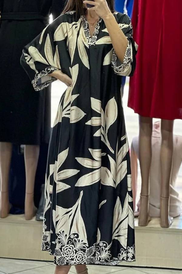 Vintage Leaf Print Satin Midi Dress V Neck Batwing Sleeve Loose Swing Vacation Dress