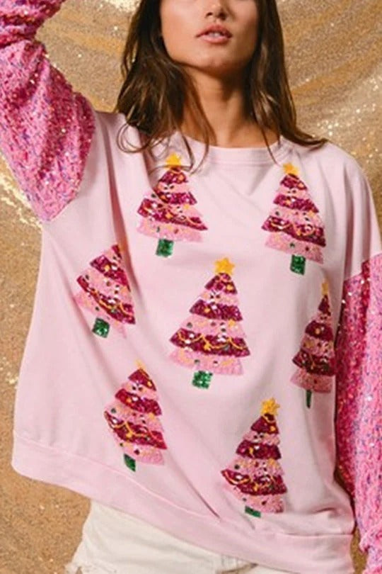 Pink Christmas Tree Sequin Sweatshirt